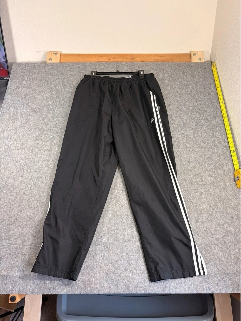 Vintage 90’s Adidas Men's Windbreaker Baggy Black Striped Track Pants Size L